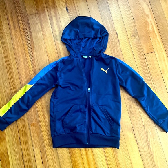 Medium Blue Puma Hoodie w Puma Emblem Front/Back + Lighter Blue/Yellow Stripping - Picture 3 of 5